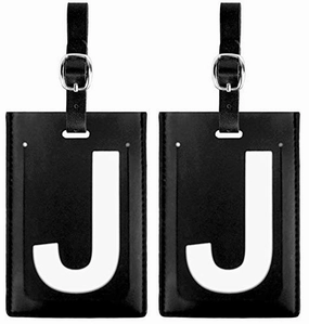 Personalized Leather Luggage Tags (Matching Set of 2): High-Contrast Debossed Initial J  Flexible Custom Travel Tags w/Extra Address Cards & Privacy Flap to Protect Personal Information (2-pack, J)