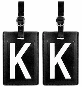 Personalized Leather Luggage Tags (Matching Set of 2): High-Contrast Debossed Initial K  Flexible Custom Travel Tags w/Extra Address Cards & Privacy Flap to Protect Personal Information (2-pack, K)