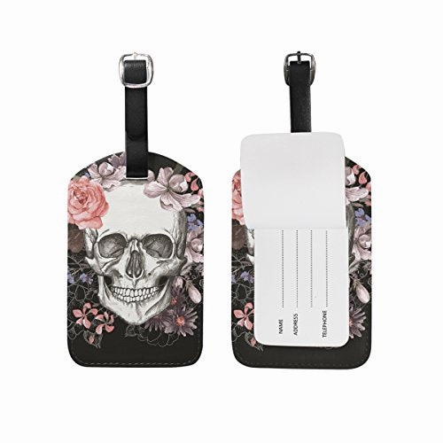 Rose Skull Travel Leather Luggage Baggage Suitcases Tags Label Set of 2