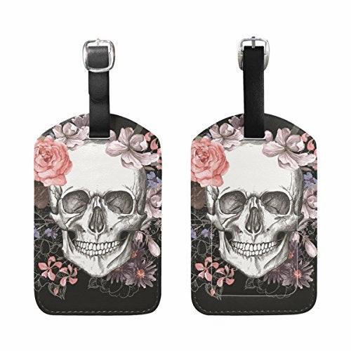 Rose Skull Travel Leather Luggage Baggage Suitcases Tags Label Set of 2