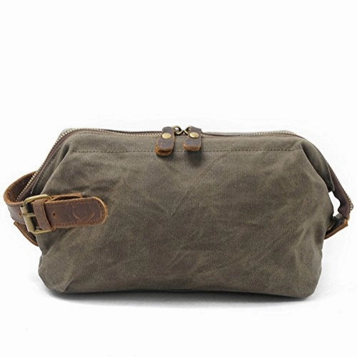 Royal Fair Men'S Toiletries Real Leather Wrist Wrap Retro Wax Canvas Toiletry Bag Travel (Army