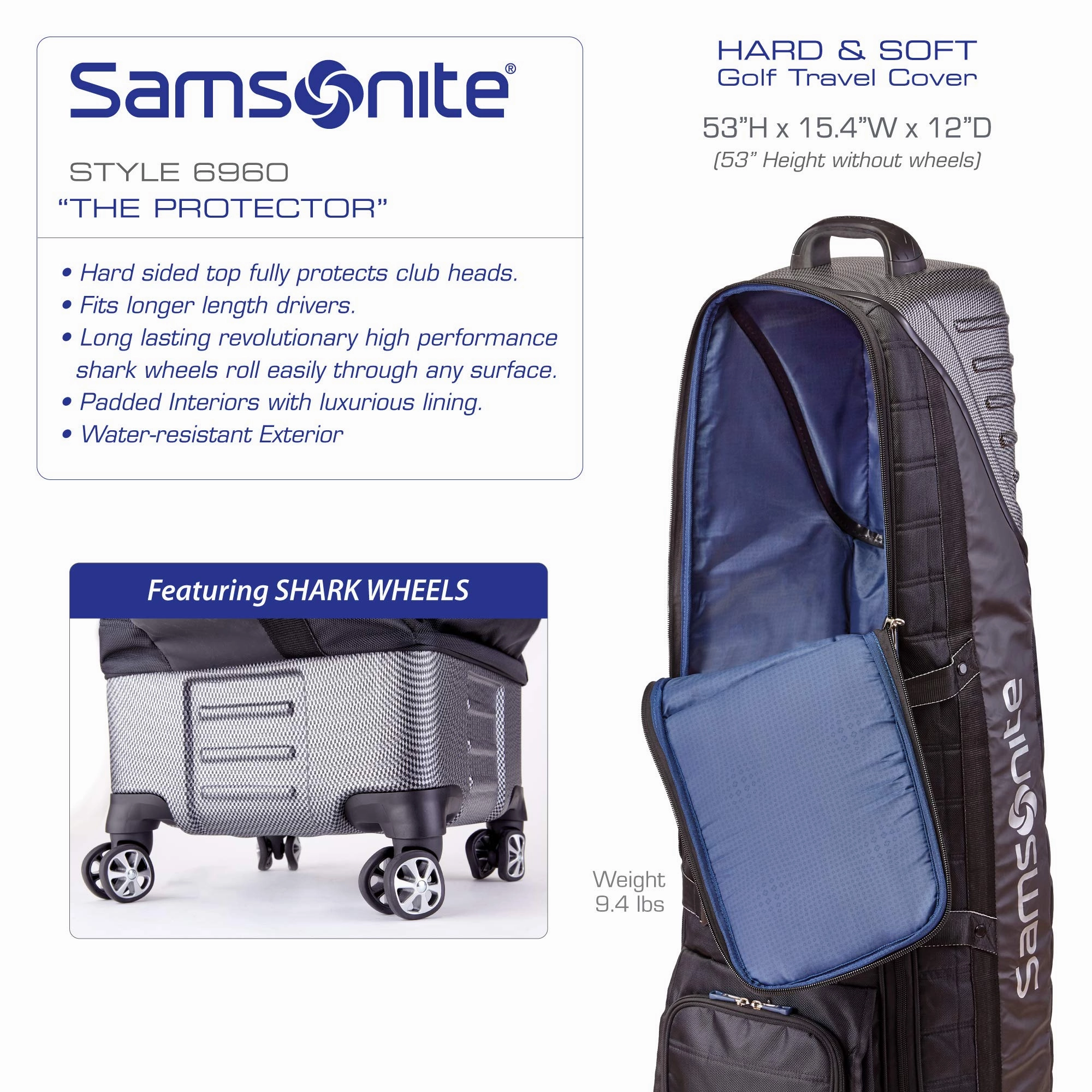 Samsonite "The Protector Hardside and Softside Golf Travel Bag with Shark Wheels