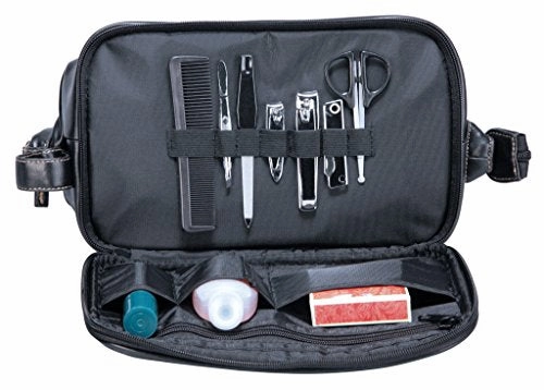 Simulated Leather Dual Compartment Toiletry Kit With Manuicure Set, Black, 10.25" x 4.5" x 6.5"