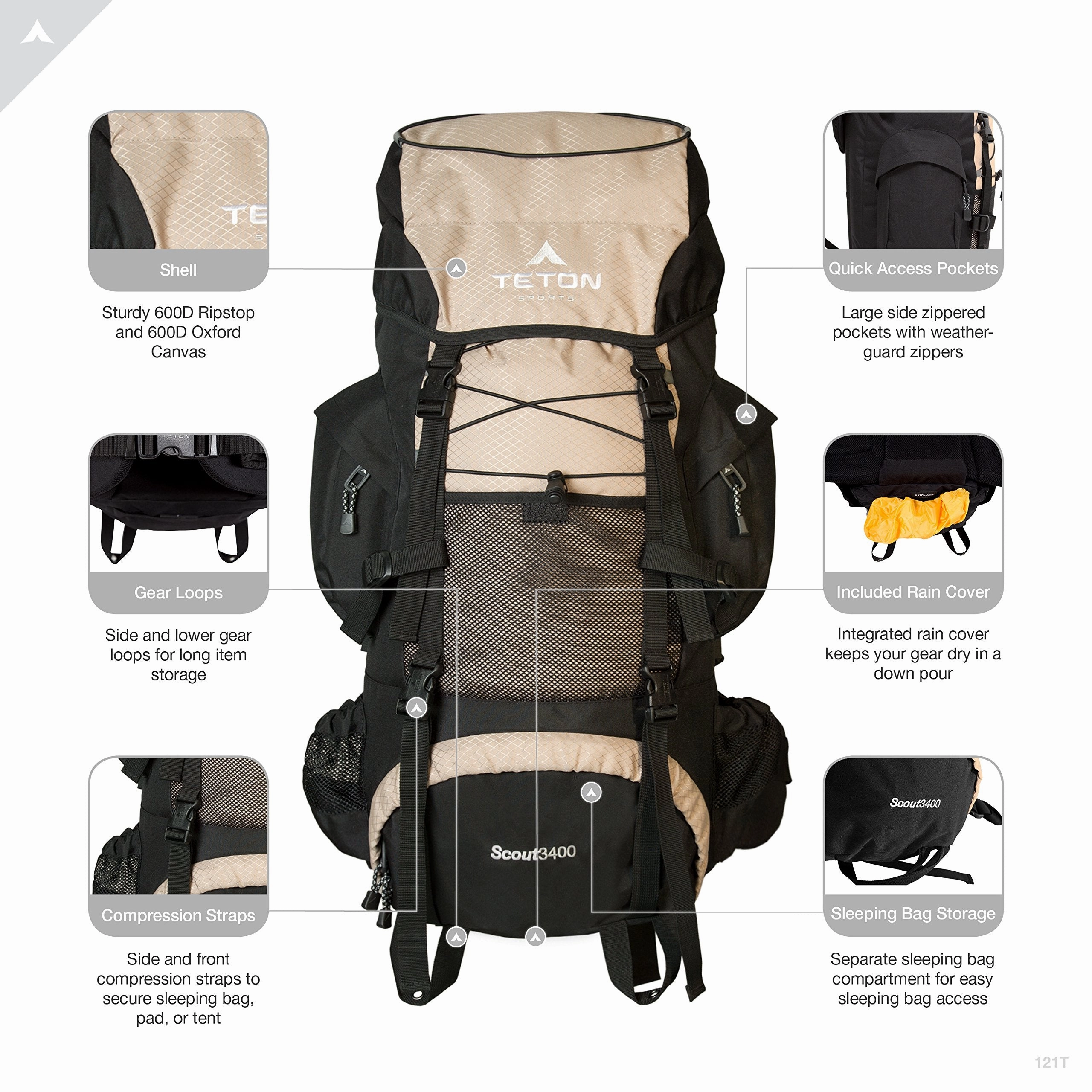 TETON Sports Scout 3400 Internal Frame Backpack; High-Performance Backpack for Backpacking, Hiking, Camping; Tan