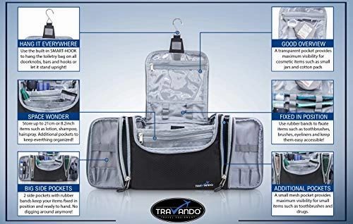 TRAVANDO XXL Toiletry Bag for Women"MAXI" with Hanging Hook - Large Wash Bag - Many Pockets - Travel Set, Travel Toiletry Kit Cosmetics Makeup Big Toilet Organizer Suitcase Luggage (Black)