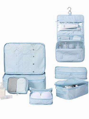 Travel Packing Cubes 7 Set, JJ POWER Luggage Organizers with toiletry kit shoe bag (Blue)