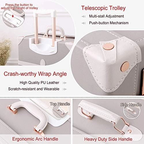 Unitravel Vintage Suitcase Set 26 inch PU Leather Spinner Luggage with 12 inch Train Bag for Women (Light Gray)