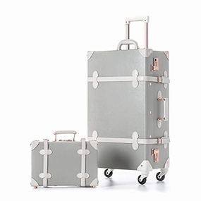 Unitravel Vintage Suitcase Set 26 inch PU Leather Spinner Luggage with 12 inch Train Bag for Women (Light Gray)