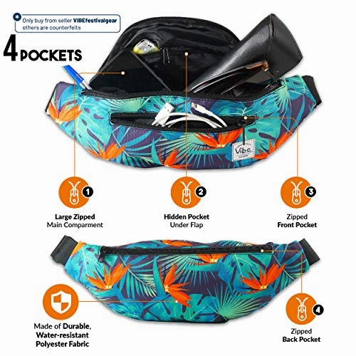 Vibe Festival Gear Fanny Pack for Men Women - Many Prints - Black Holographic Silver Gold Cute Waist Bag for Festival Rave Hiking Running Cycling